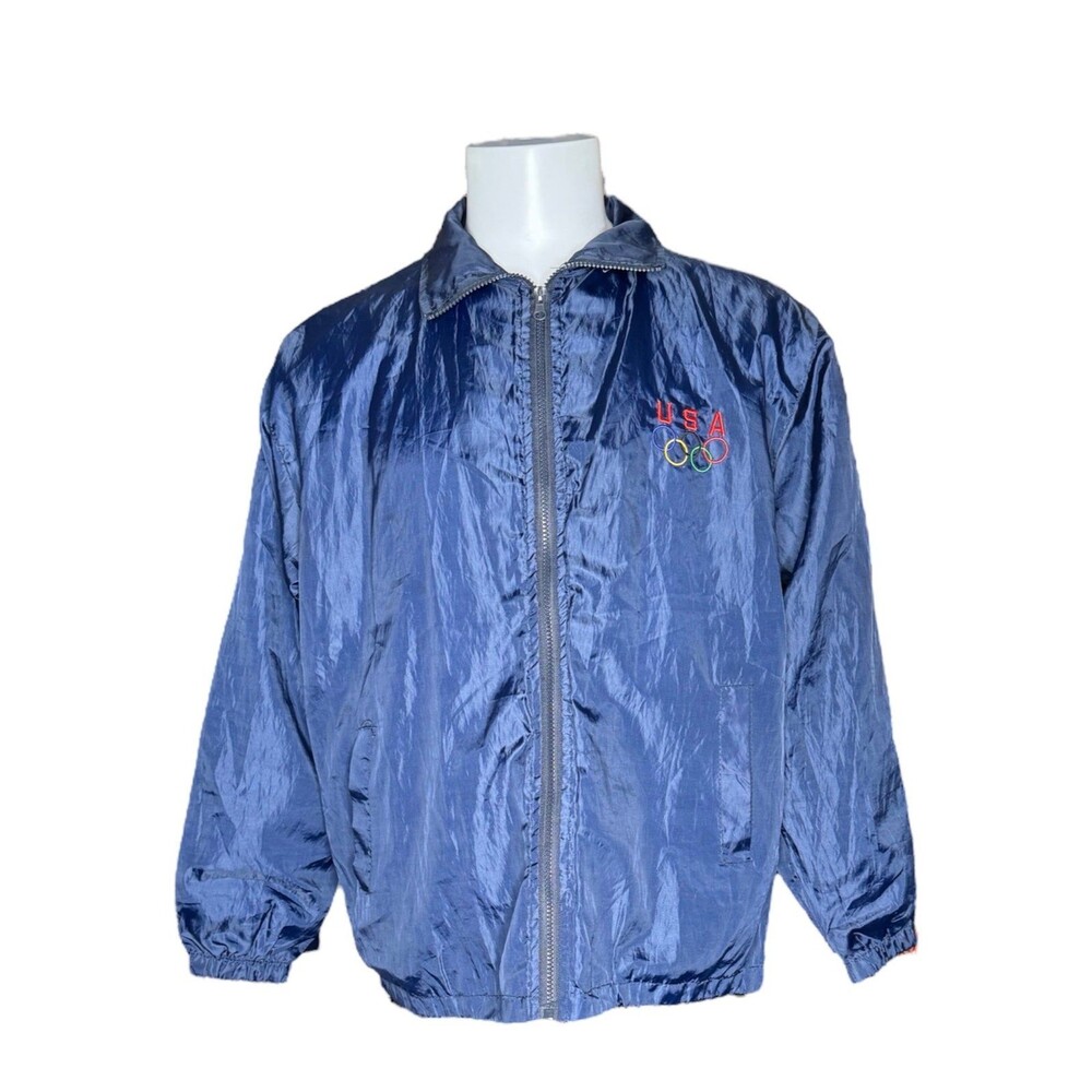 Vintage USA Olympics Full Zip Windbreaker Navy Blue Embroidered Logo Mens Large